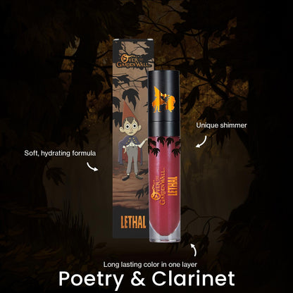 Poetry & Clarinet tube and box on a dark forest backdrop with brand callouts, labelled with the shade name