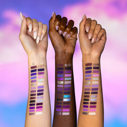 Arm swatches of every Gleam x Gloom shade on three skin tones, light to deep, against a purple sky backdrop.