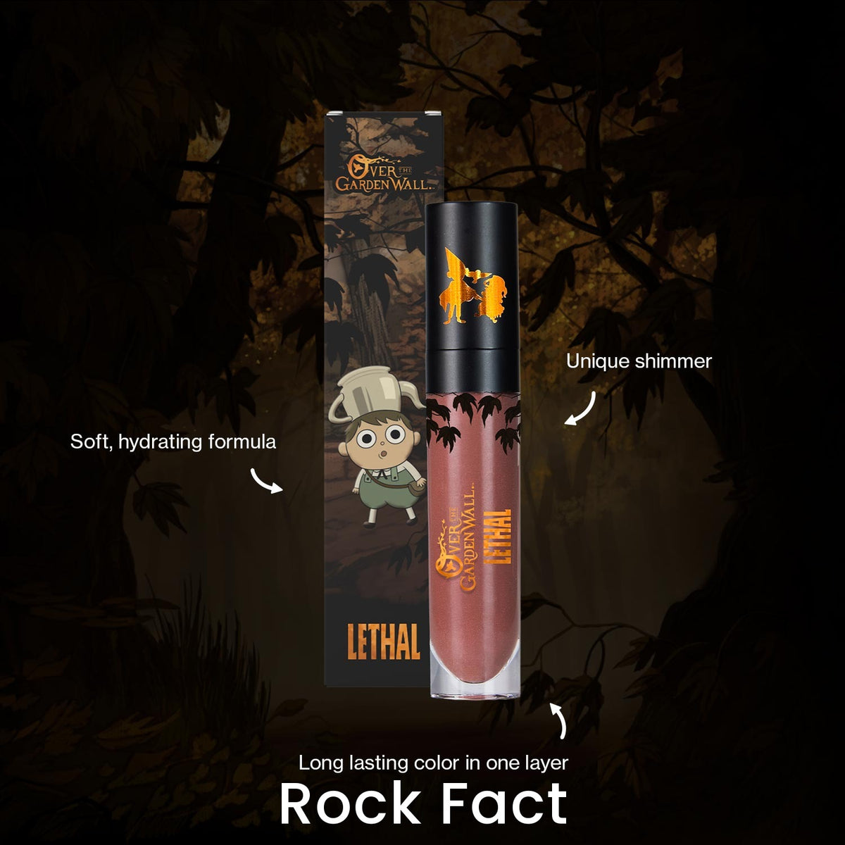 Rock Fact tube and box on a dark forest backdrop with brand callouts, labelled with the shade name