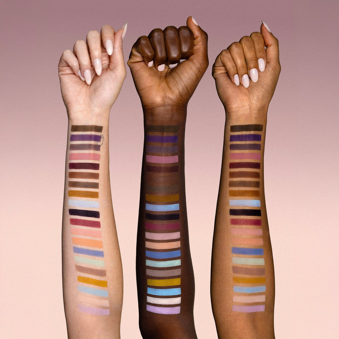 Fauna 20 matte shades swatched on three skin tones from light to deep