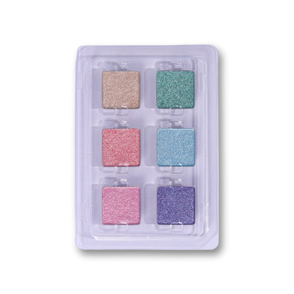 Blend Bunny Sickly Sweet shimmers, six shimmer pans in a clear tray: champagne, teal, coral pink, light blue, pink and purple