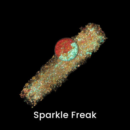 Sparkle Freak pan with a crushed smear on black, gold and green sparkle