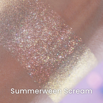 Macro of a blended Summerween Scream swatch, pink-gold sparkle beside a pale gold edge.