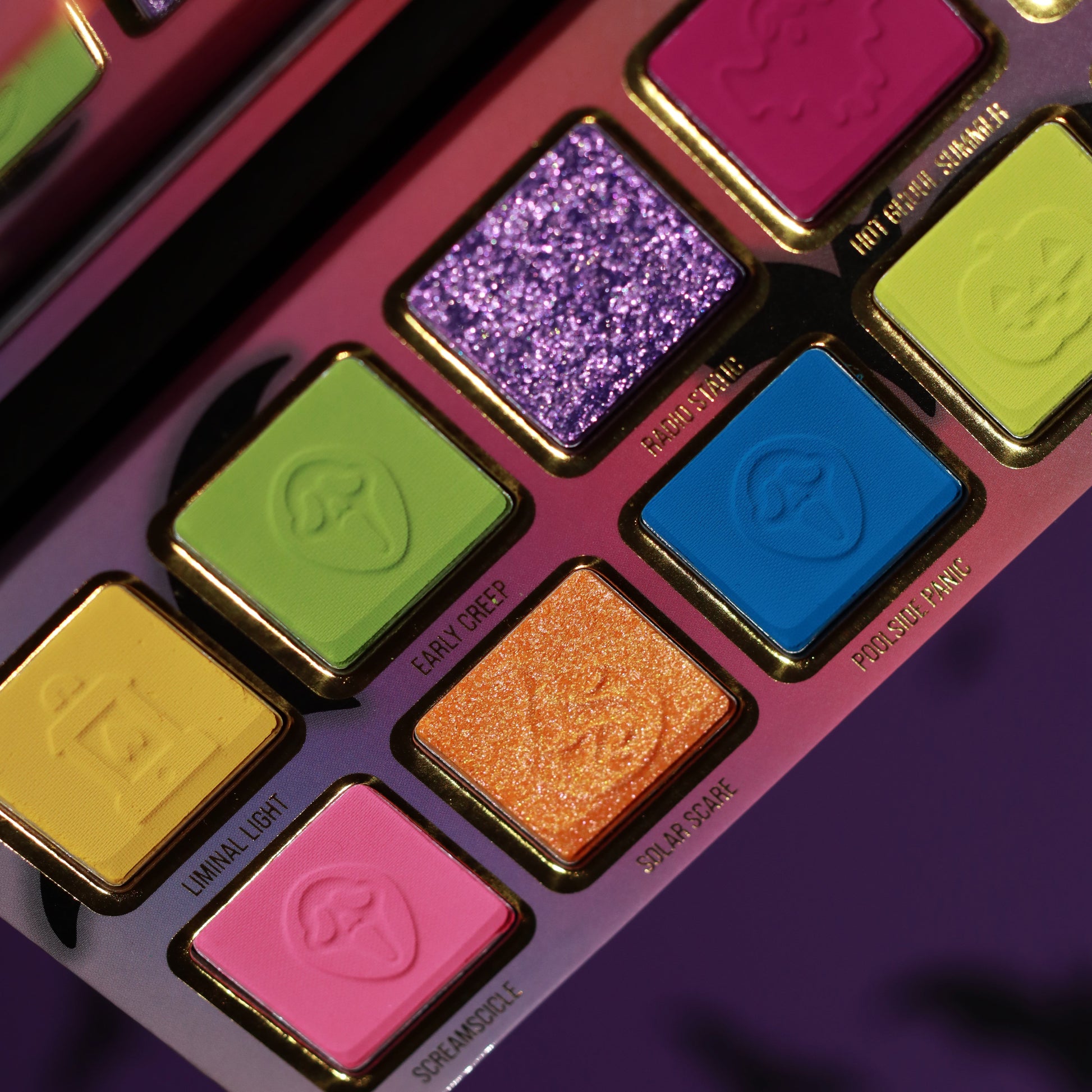 Close-up of Summerween mattes and sparkles including Liminal Light, Screamscicle, Early Creep, Solar Scare, Poolside Panic, and Radio Static