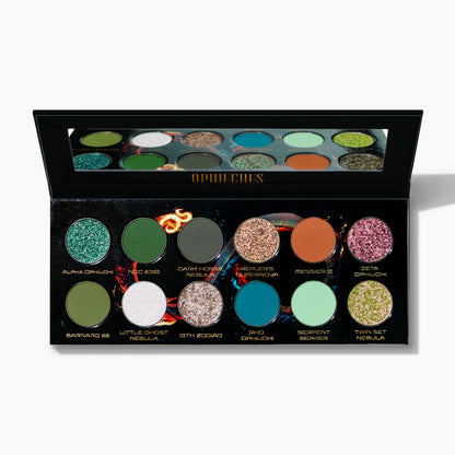Terra Moons Cosmetics Ophiuchus eyeshadow palette open - 12 shades including teal glitter, forest green, dark olive, bronze, terracotta, and mint