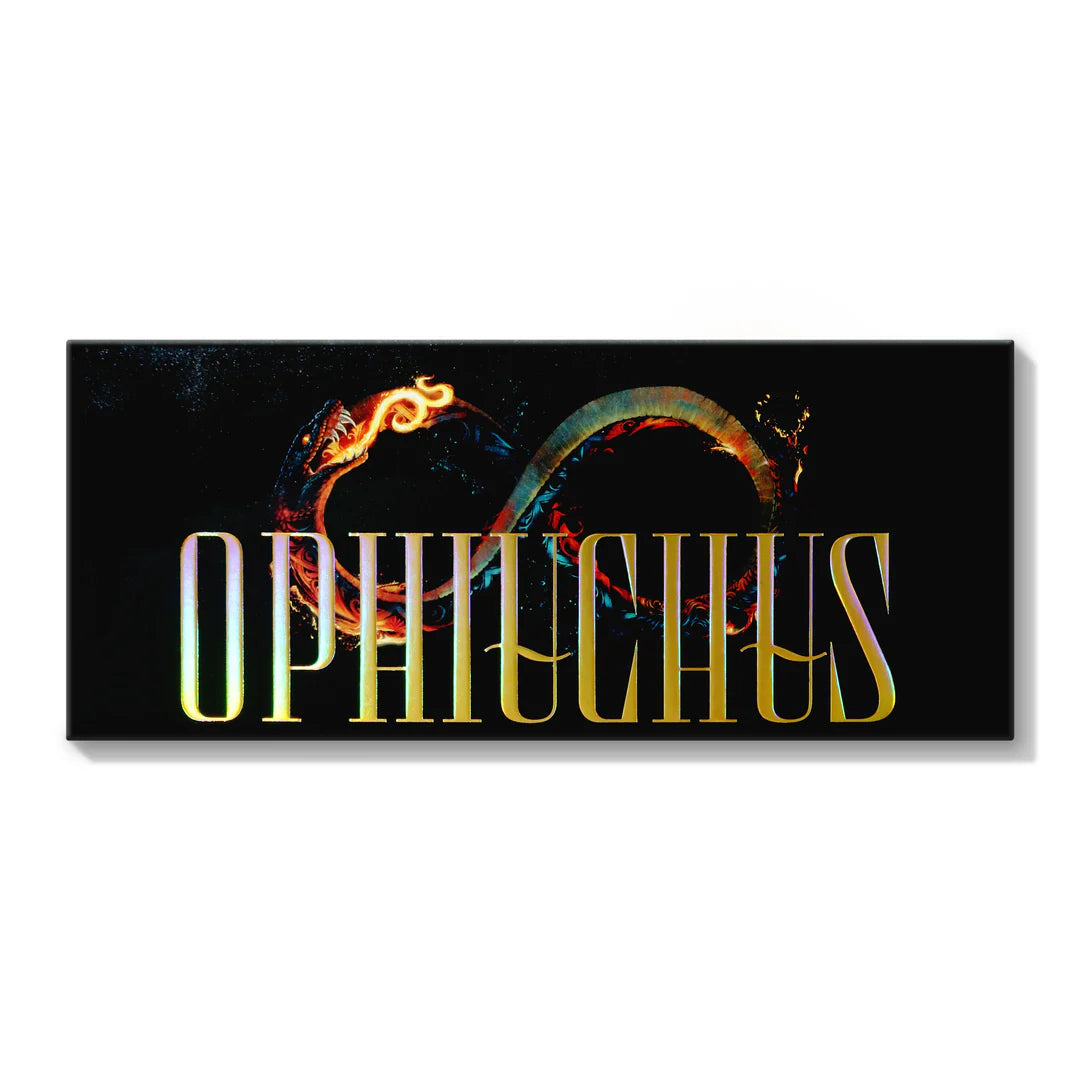 Terra Moons Cosmetics Ophiuchus eyeshadow palette closed - black case with holographic gold lettering and serpent illustration