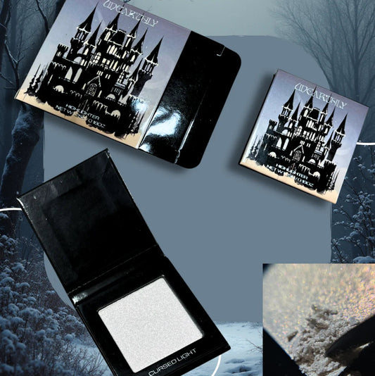 Makeup product with castle design packaging against a snowy landscape background