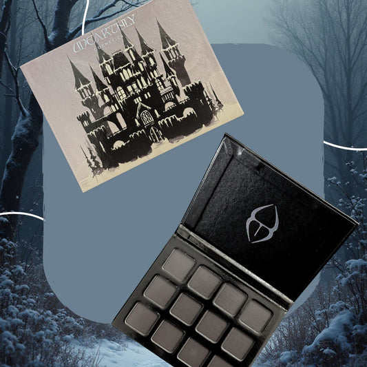 Empty makeup palette with a castle illustration on a snowy background