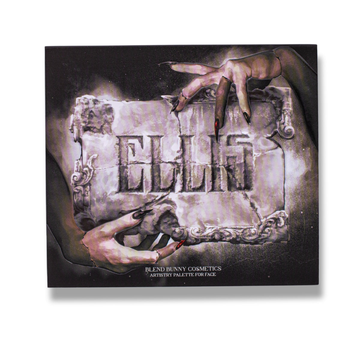 Closed Ellis V3 palette lid, a cracked stone plaque reading Ellis held by two clawed hands, Blend Bunny Cosmetics lettering below.