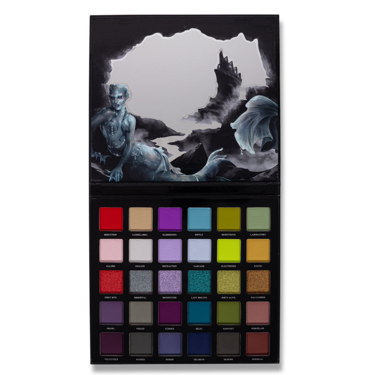 Ellis V3 palette open flat, a siren on the rocks across the mirrored lid above 30 labelled pans in reds, purples, blues, teals and greens.