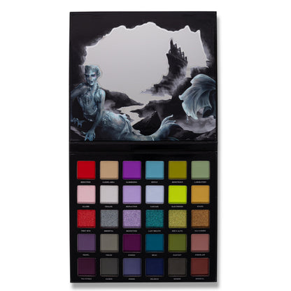 Ellis V3 palette open flat, a siren on the rocks across the mirrored lid above 30 labelled pans in reds, purples, blues, teals and greens.