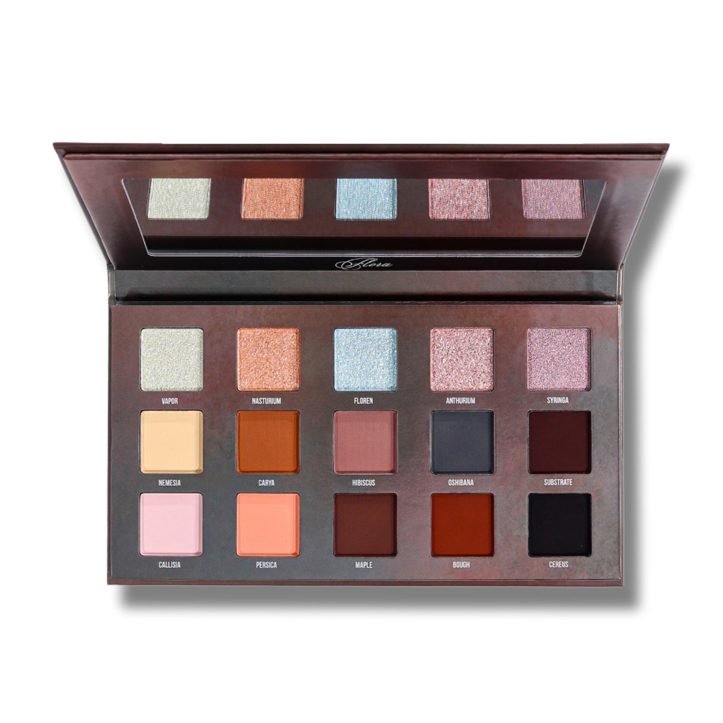 Blend Bunny x Mei Pang Flora eyeshadow palette open, showing 15 shades in three rows of shimmers and mattes with a mirrored lid