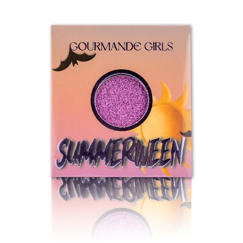Zest for Afterlife pressed pigment single, a sparkling duochrome over a pink base shifting to lavender and icy blue