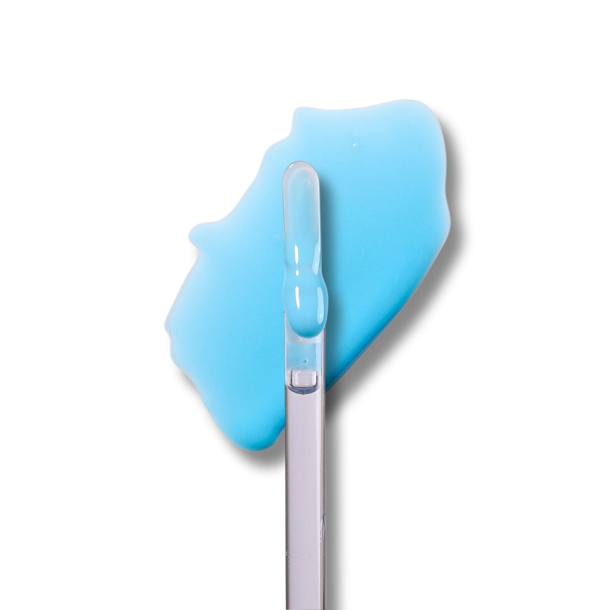 Wish lip milk swatch on white, a pale blue raspberry gloss drawn out beside the doe-foot applicator.