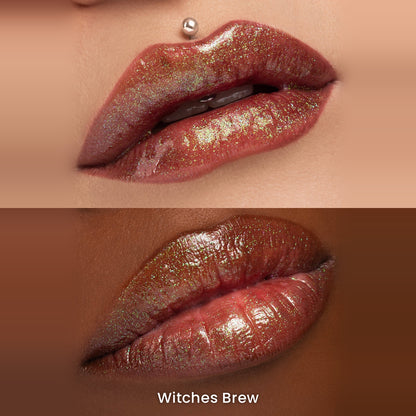 Witches Brew on a fair and a deep skin tone, stacked, rusty gloss with green sparkle