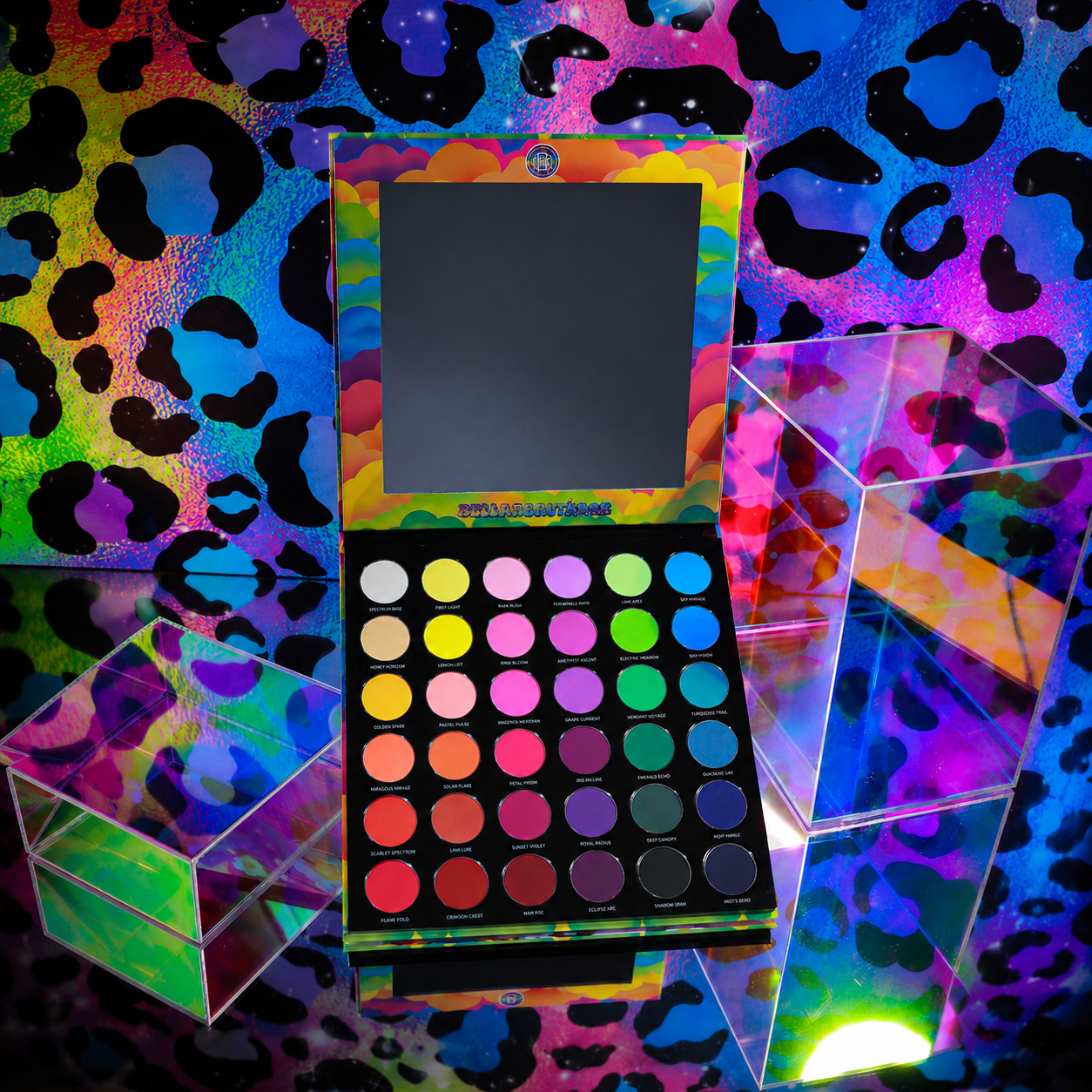 Bellabeautebar Arch of Color eyeshadow palette open upright, mirror in lid, 36 round matte pans in rainbow rows on a neon leopard print backdrop
