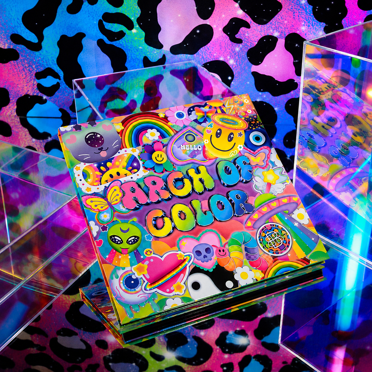Closed Arch of Color palette showing its 90s-style sticker collage cover with rainbow bubble lettering on a neon leopard print backdrop