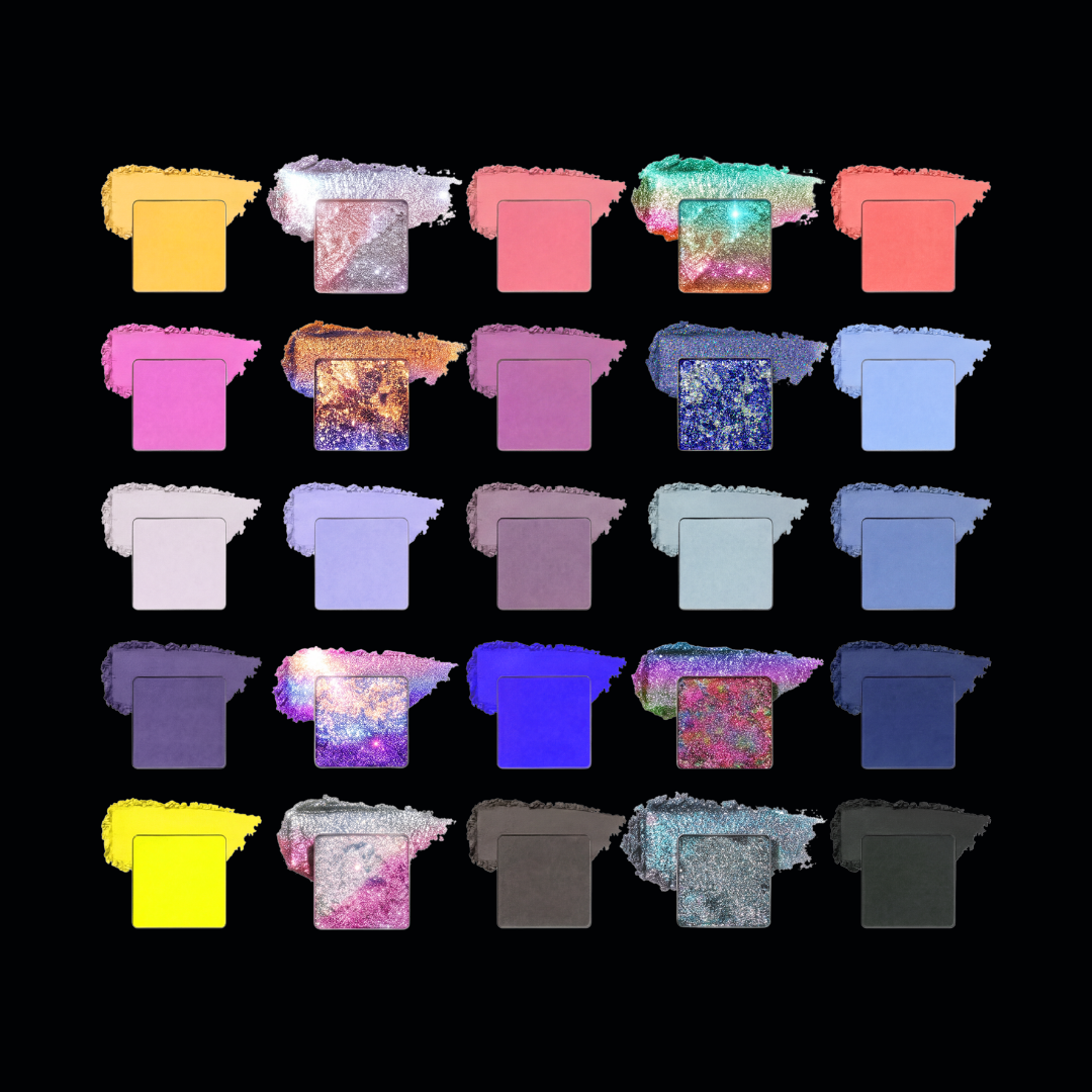 All 25 Change the Channel pans, each set over a smear of its own powder on black, mattes beside sparkling multichromes