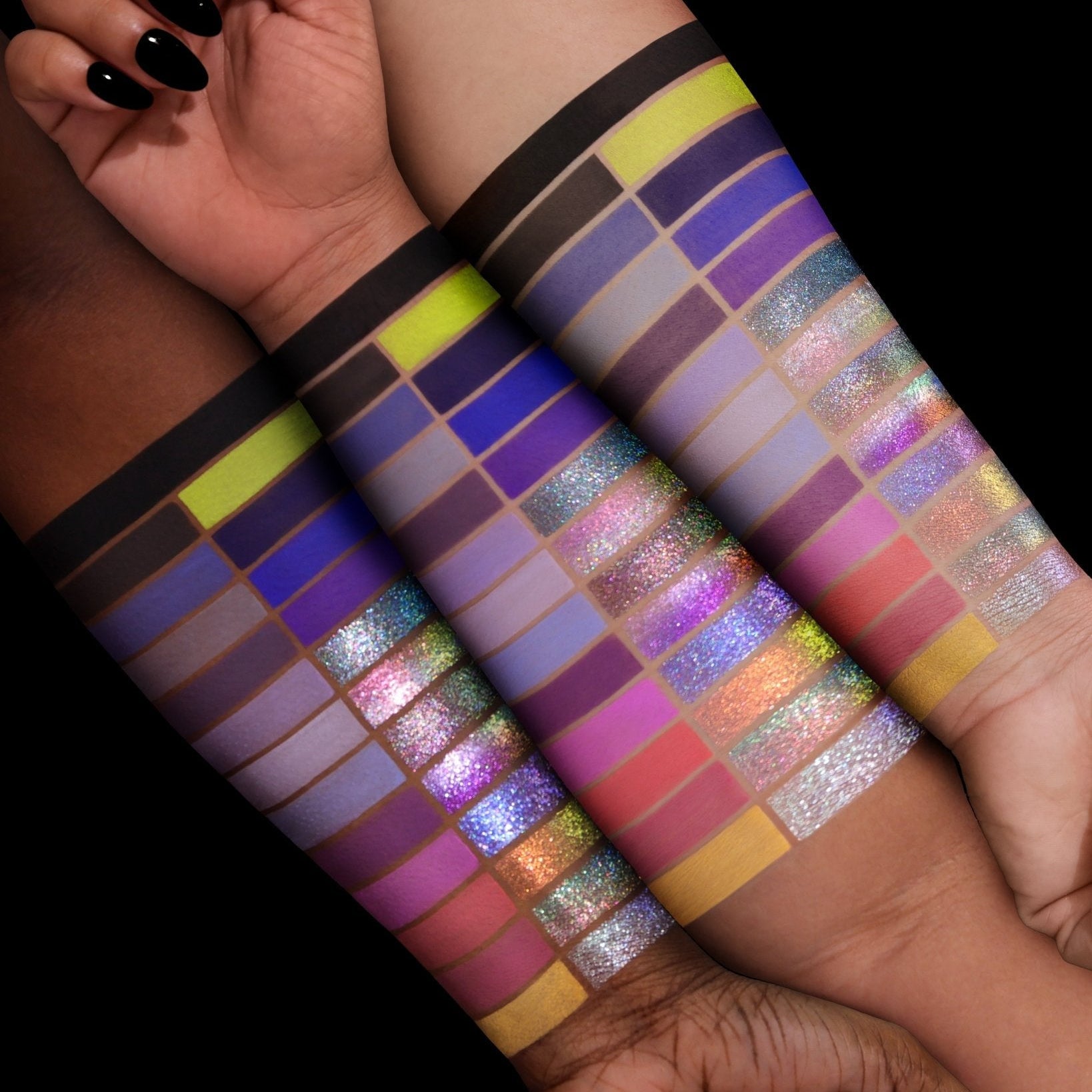 Change the Channel full shade range swatched on three skin tones, neon mattes, soft pastels, and colour-shifting sparkles in stripes