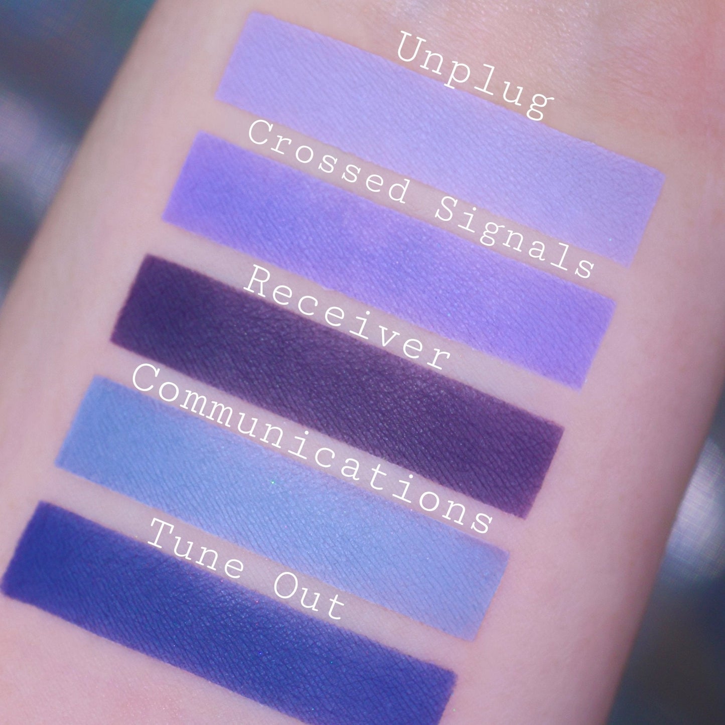 Swatches of Unplug, Crossed Signals, Receiver, Communications, and Tune Out, soft lilacs and a deep plum through sky and cobalt blue mattes