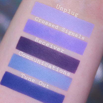 Swatches of Unplug, Crossed Signals, Receiver, Communications, and Tune Out, soft lilacs and a deep plum through sky and cobalt blue mattes