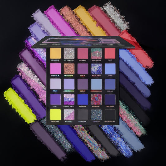 Change the Channel palette resting on a fanned starburst of all 25 powder swatches in rainbow order