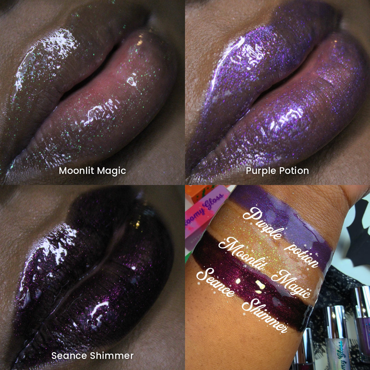 Deep skin lip swatches of Moonlit Magic, Purple Potion and Seance Shimmer, each captioned, beside a labelled arm swatch of all three