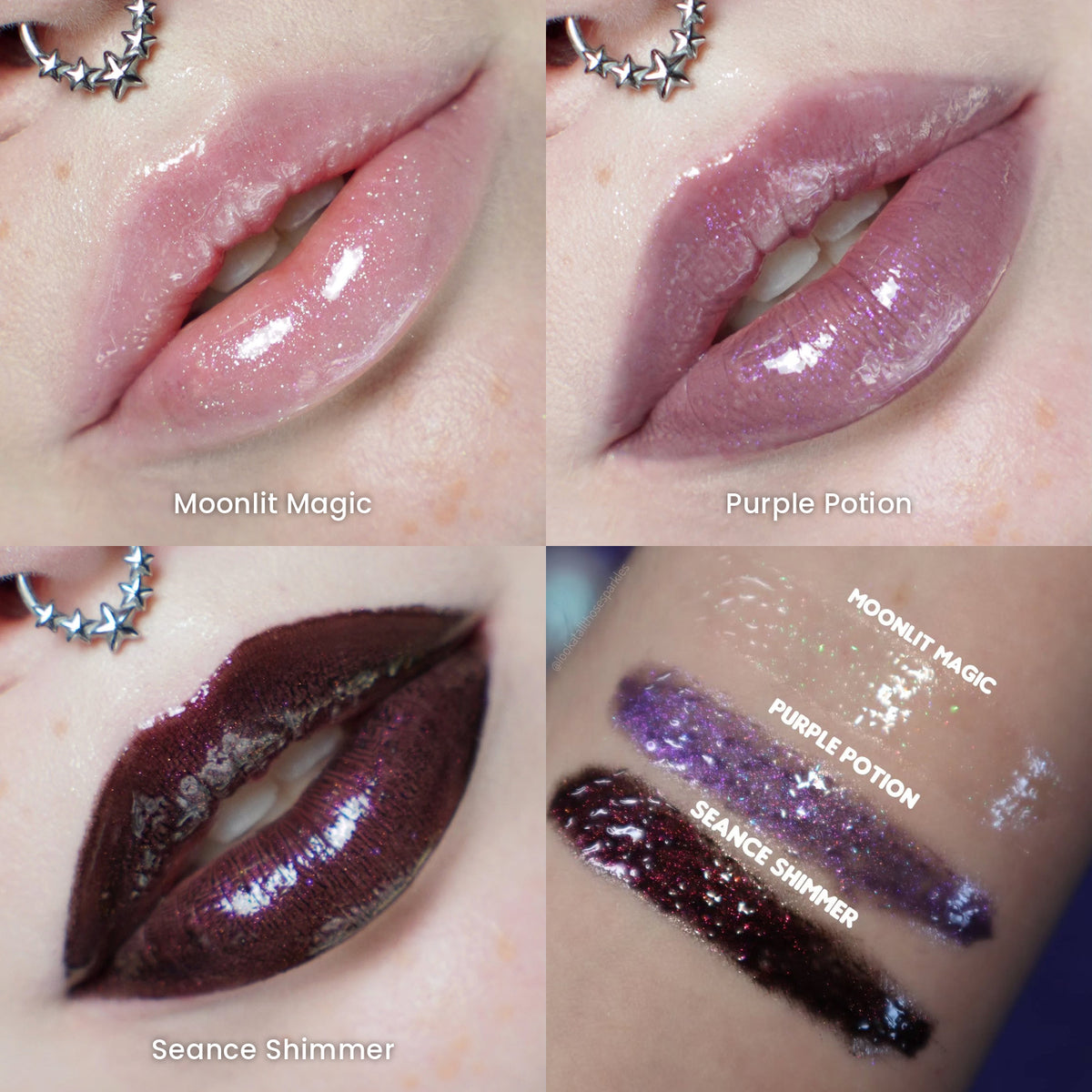 Fair skin lip swatches of Moonlit Magic, Purple Potion and Seance Shimmer, each captioned, beside a labelled arm swatch of all three
