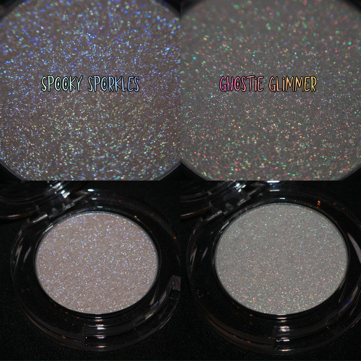 Spooky Sporkle and Ghostie Glimmer side by side, labelled pan macros above and open compacts below
