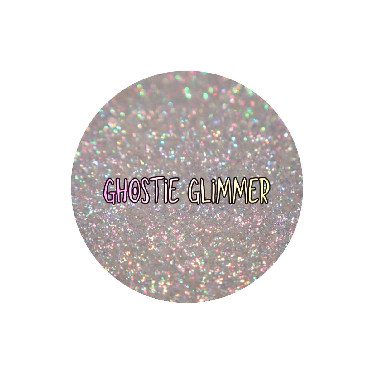 Dieverune Cosmetics Sporkleween highlighter in Ghostie Glimmer, round pan close-up labelled by the brand, multicoloured sparkles on a transparent base