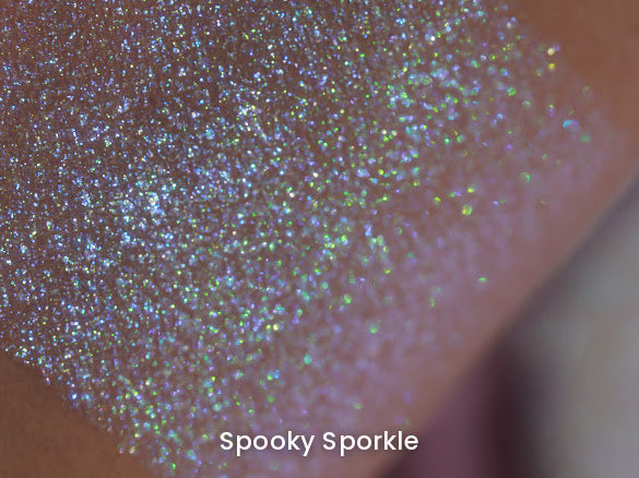 Spooky Sporkle swatch macro on skin, blue and green sparkle points