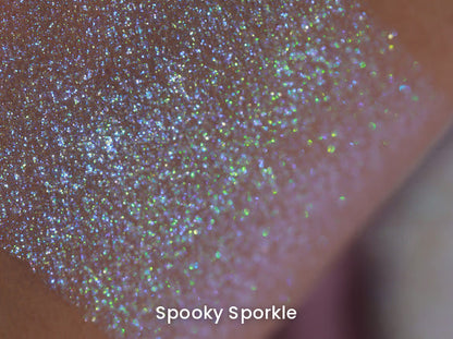 Spooky Sporkle swatch macro on skin, blue and green sparkle points