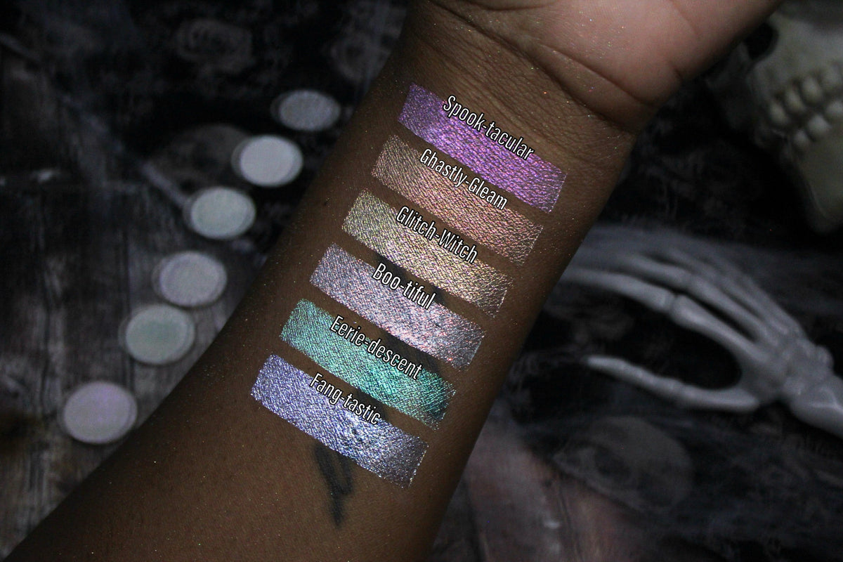 All six Sporkleween singles swatched on deep skin and labelled, Spook-Tacular at the top, from the brand's bundle page