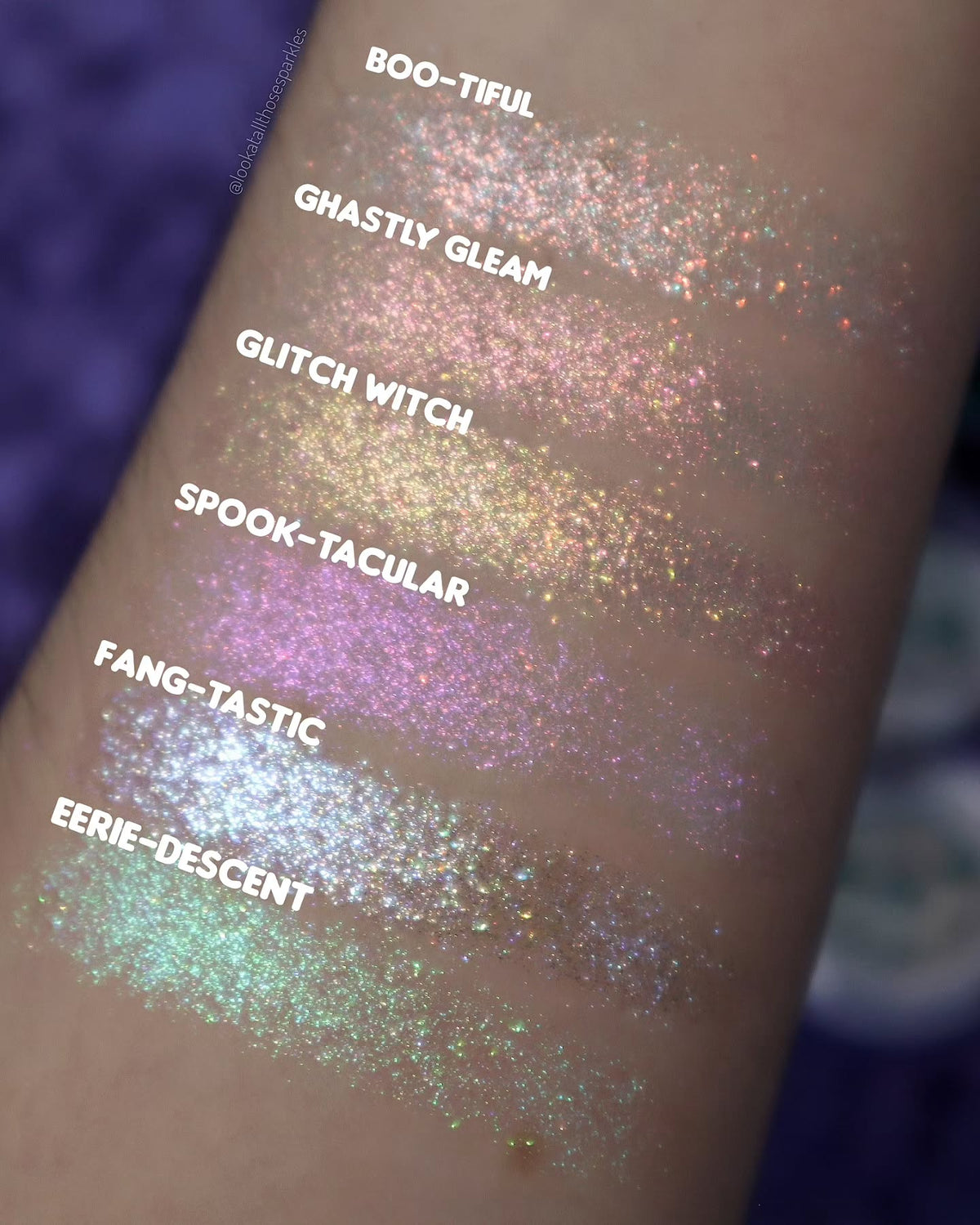All six Sporkleween singles swatched on light skin on a purple backdrop, labelled, Boo-Tiful at the top
