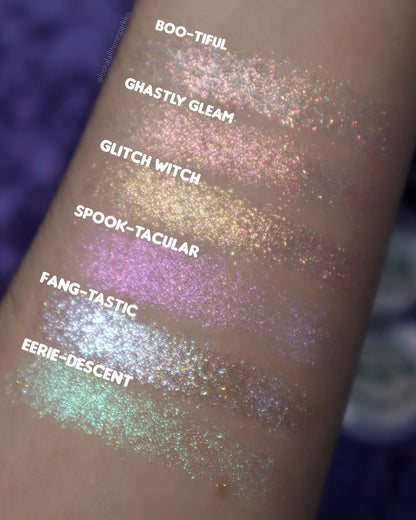 All six Sporkleween singles swatched on light skin on a purple backdrop, labelled, Boo-Tiful at the top