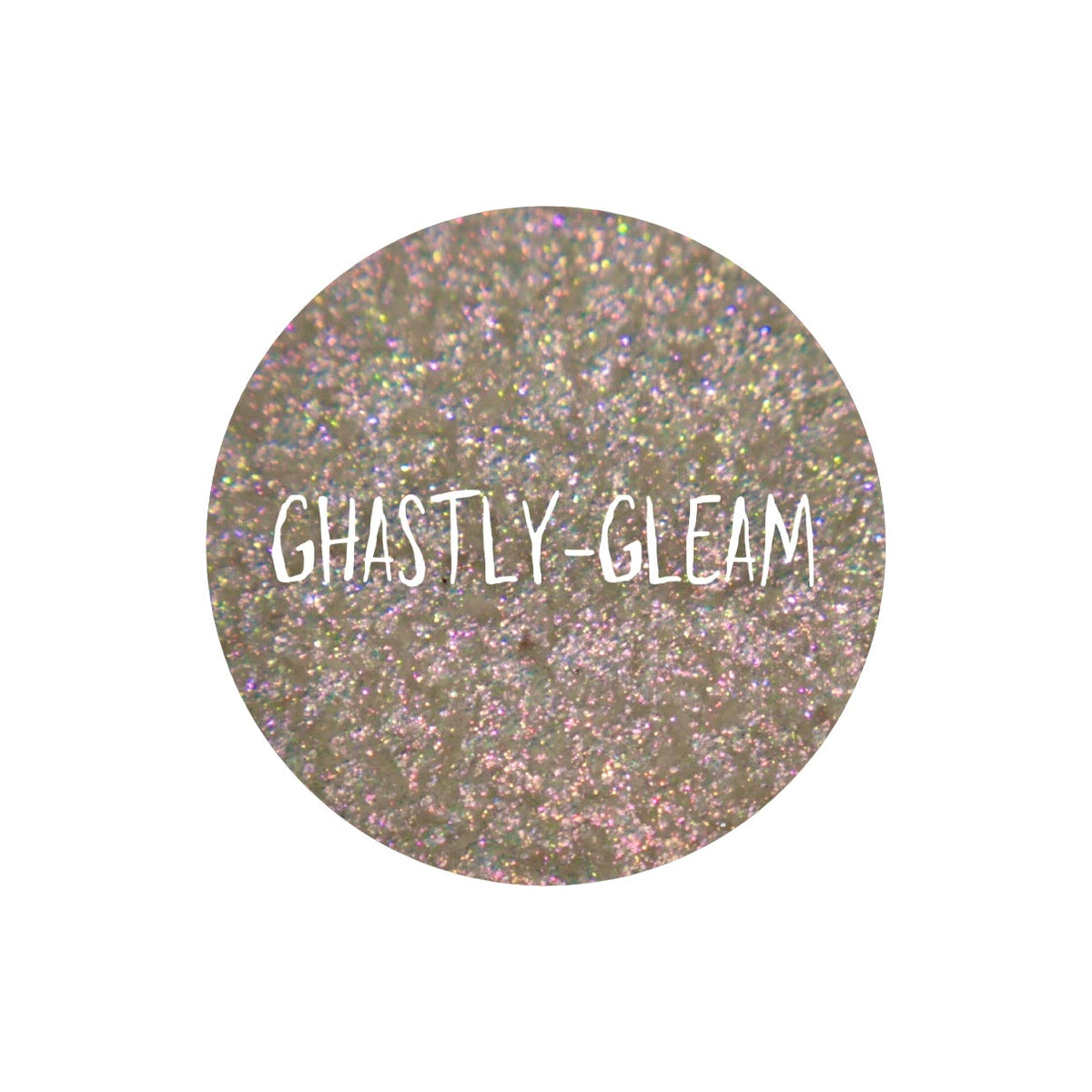 Ghastly Gleam pan close-up, labelled: translucent base with a gold to pink shift and multicoloured sparkles