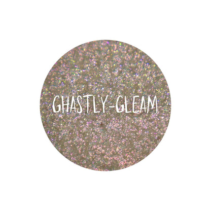 Ghastly Gleam pan close-up, labelled: translucent base with a gold to pink shift and multicoloured sparkles