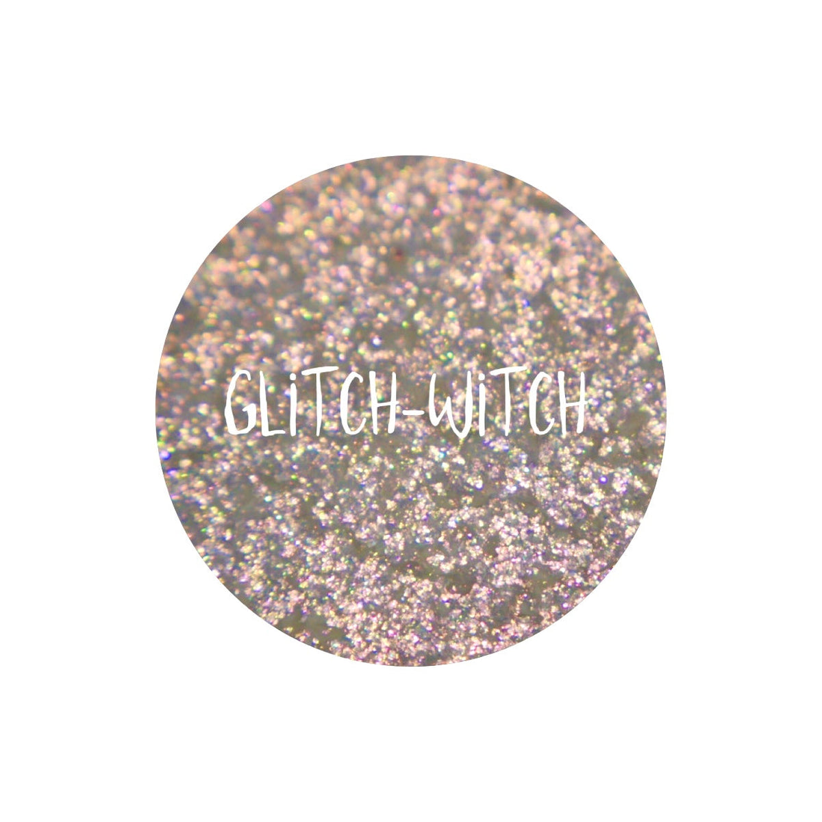 Glitch Witch pan close-up, labelled: translucent base with a gold to green shift and orange, green and pink sparkles