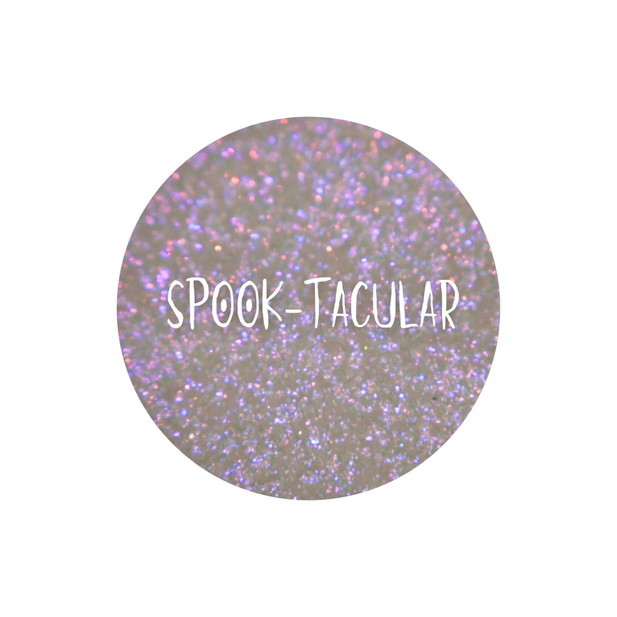 Spook-Tacular pan close-up, labelled: translucent pink base with orange, purple and pink sparkles