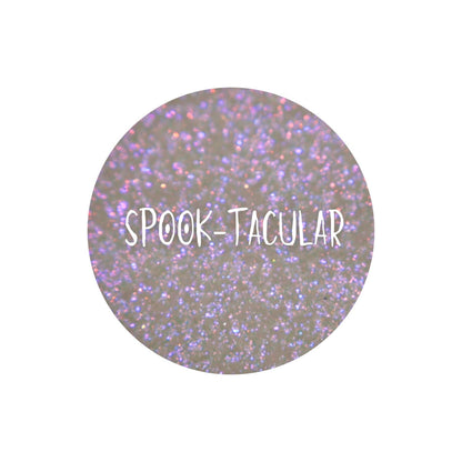 Spook-Tacular pan close-up, labelled: translucent pink base with orange, purple and pink sparkles
