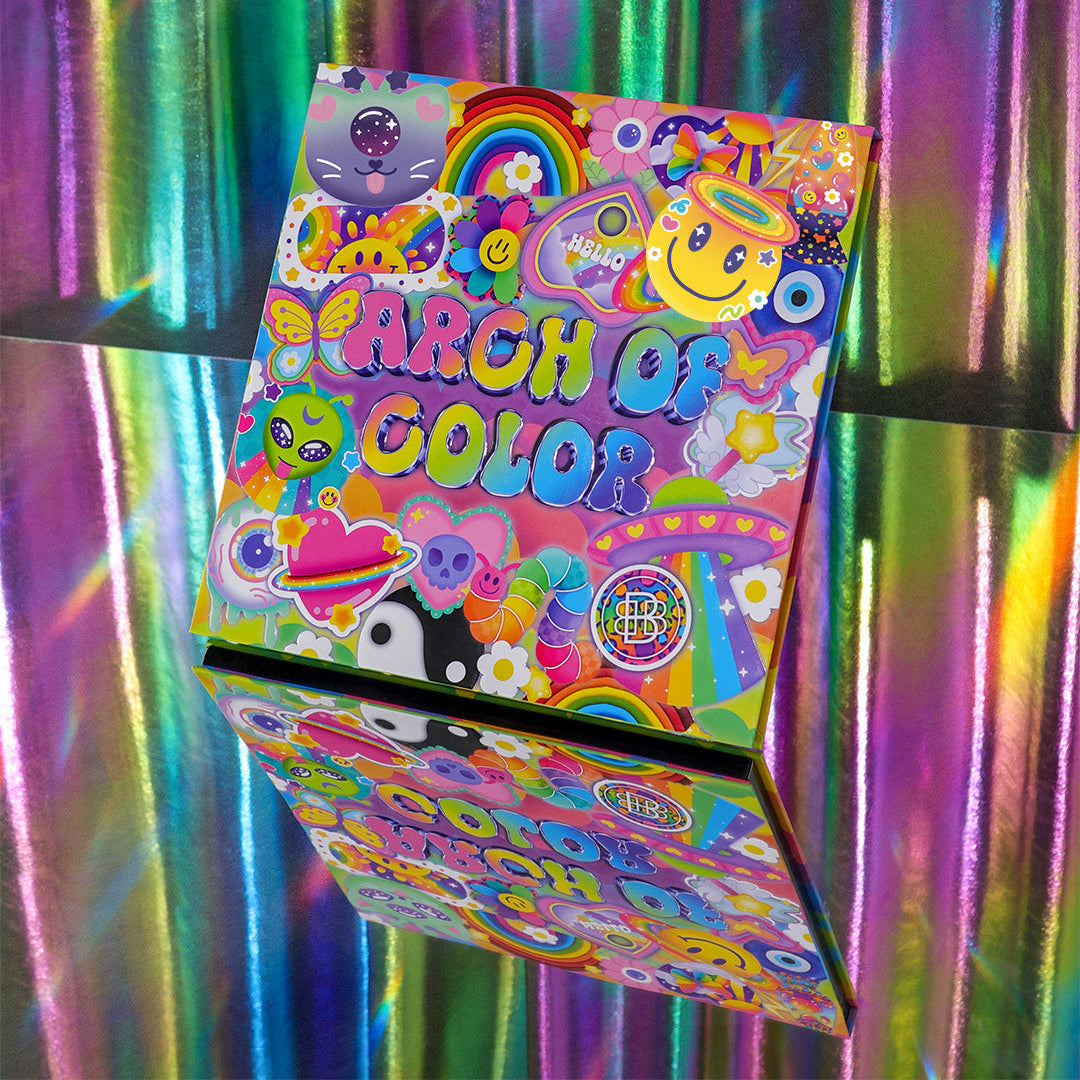 Closed Arch of Color palette upright on a holographic iridescent backdrop, sticker collage cover facing forward with its reflection below