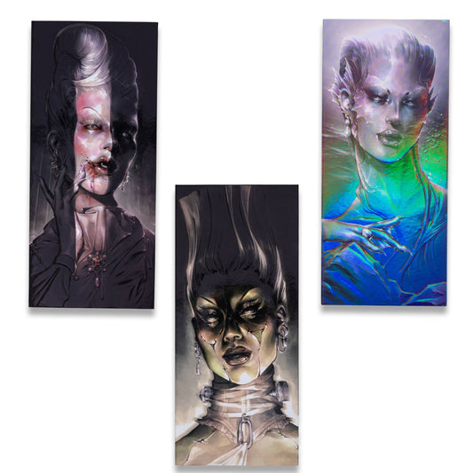Ellis V3 mini palette lids side by side: First Bite's vampire, She's Alive's Frankenstein with neck bolts, and Last Breath's siren on holographic blue.