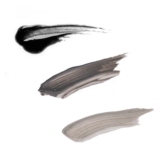 Three Glis Gloss swatches on white: Liquorice black on top, Veil dark grey in the middle, Grey Area light grey on the bottom