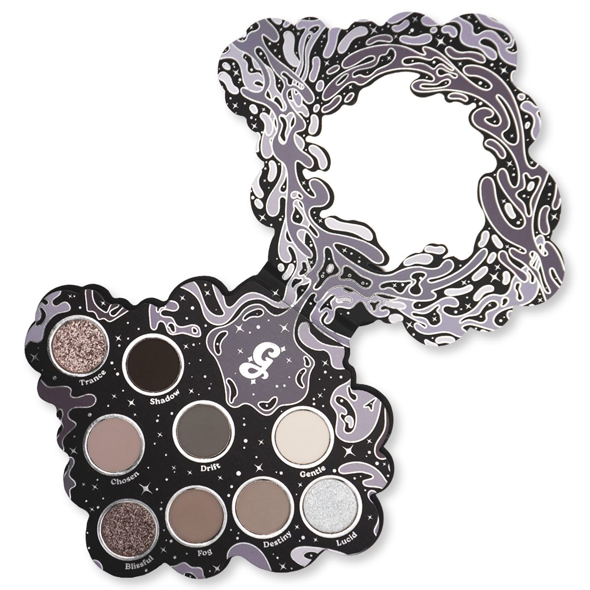 Bliss 2.0 palette open with the mirror lid raised, black and silver swirl artwork around the nine labelled pans