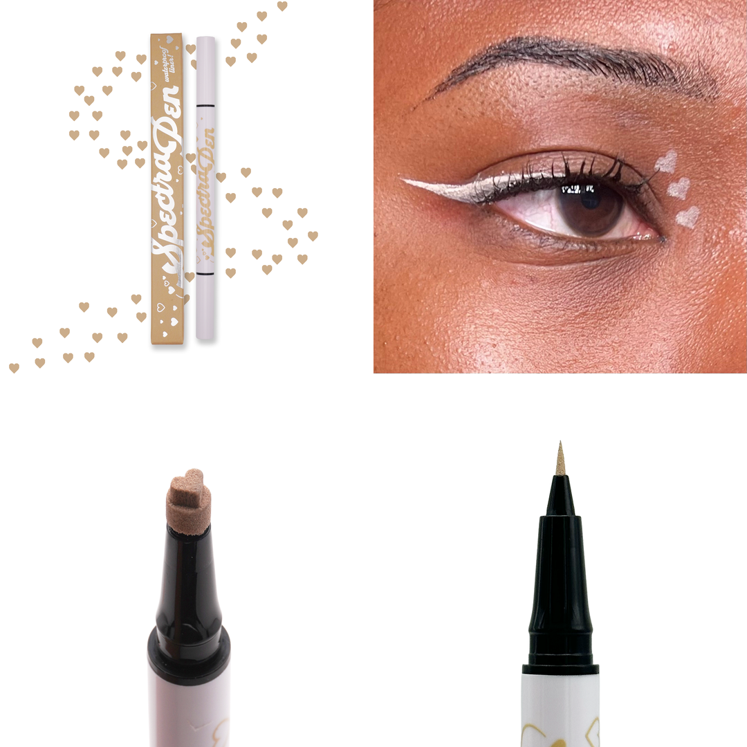 Beige heart stamp Spectra Pen with beige hearts, the liner worn on the eye, and close-ups of the heart stamp and liner tips