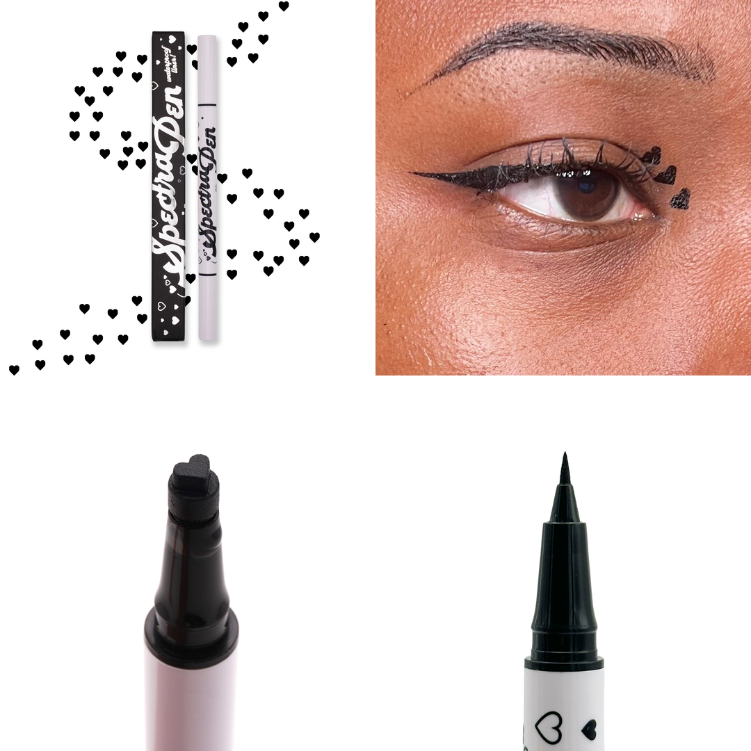 Black heart stamp Spectra Pen with black hearts, the liner worn on the eye, and close-ups of the heart stamp and liner tips