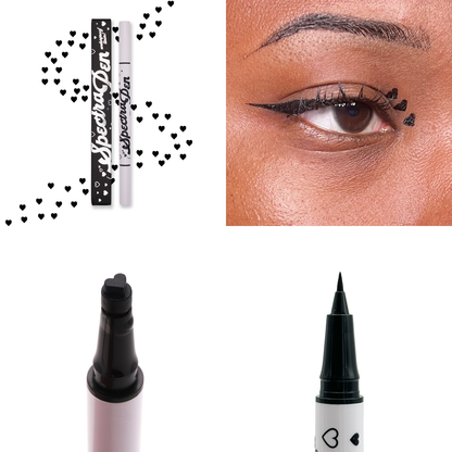 Black heart stamp Spectra Pen with black hearts, the liner worn on the eye, and close-ups of the heart stamp and liner tips
