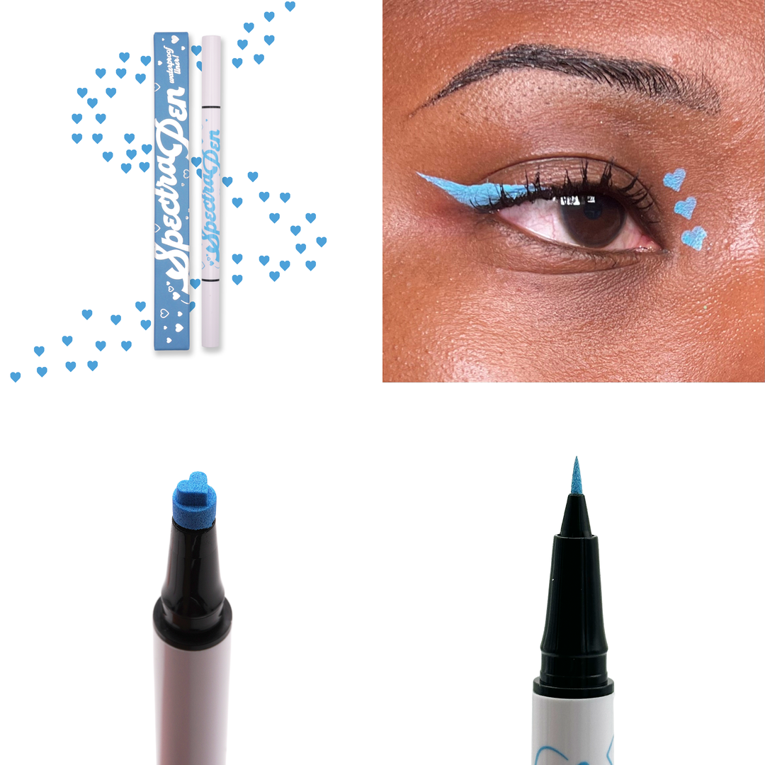 Blue heart stamp Spectra Pen with blue hearts, the liner worn on the eye, and close-ups of the heart stamp and liner tips