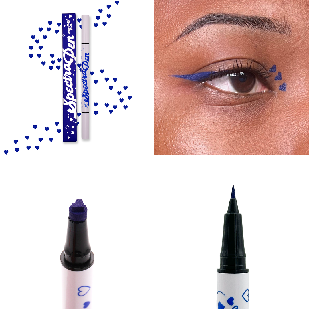 Dark Blue heart stamp Spectra Pen with dark blue hearts, the liner worn on the eye, and close-ups of the heart stamp and liner tips