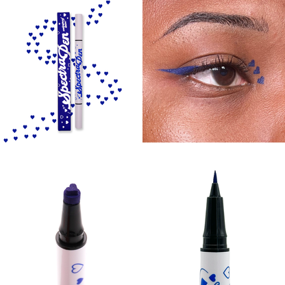 Dark Blue heart stamp Spectra Pen with dark blue hearts, the liner worn on the eye, and close-ups of the heart stamp and liner tips